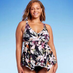 NWT Kona Sol Tankini Size 3X Black Tropical Floral V Neck Swimsuit Top